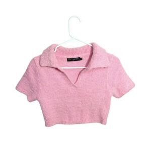 Finesse Dixie Softie Fuzzy Pink Crop Top Size Small Collared Short Sleeve 90s